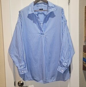 Talbots Womens Plus Blue & White Popover Cotton Blouse